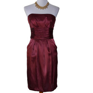 David's Bridal Burgundy Satiny Strapless Dress Ruched Waist and Pockets‎